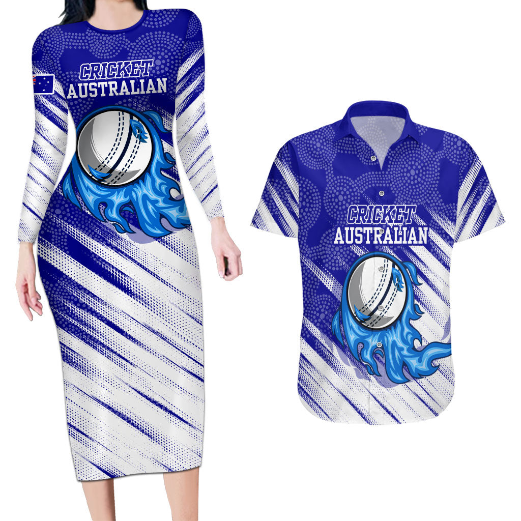 Cricket Australian Couples Matching Long Sleeve Bodycon Dress and Hawaiian Shirt Blue Fire Ball Graphic With Aboriginal Dot Art Style