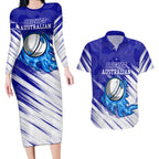 Cricket Australian Couples Matching Long Sleeve Bodycon Dress and Hawaiian Shirt Blue Fire Ball Graphic With Aboriginal Dot Art Style
