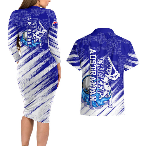 Cricket Australian Couples Matching Long Sleeve Bodycon Dress and Hawaiian Shirt Blue Fire Ball Graphic With Aboriginal Dot Art Style