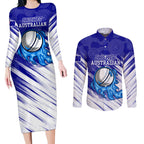 Cricket Australian Couples Matching Long Sleeve Bodycon Dress and Long Sleeve Button Shirt Blue Fire Ball Graphic With Aboriginal Dot Art Style