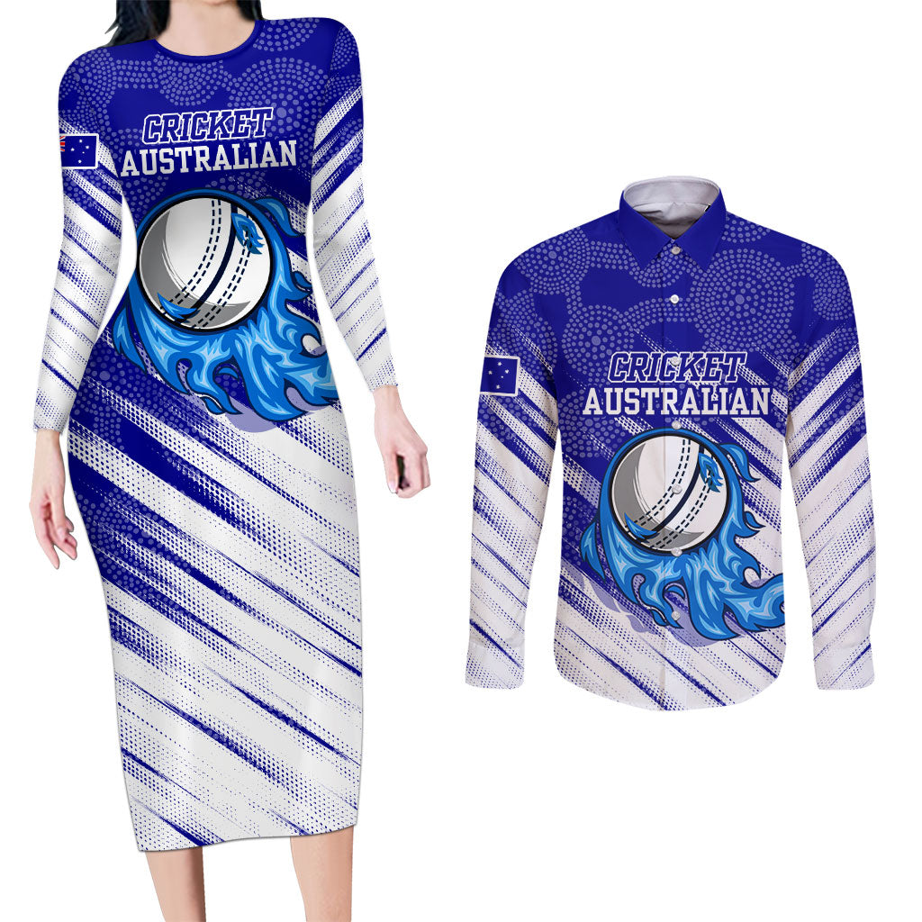 Cricket Australian Couples Matching Long Sleeve Bodycon Dress and Long Sleeve Button Shirt Blue Fire Ball Graphic With Aboriginal Dot Art Style