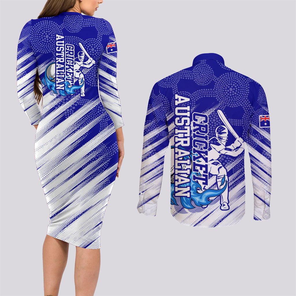 Cricket Australian Couples Matching Long Sleeve Bodycon Dress and Long Sleeve Button Shirt Blue Fire Ball Graphic With Aboriginal Dot Art Style