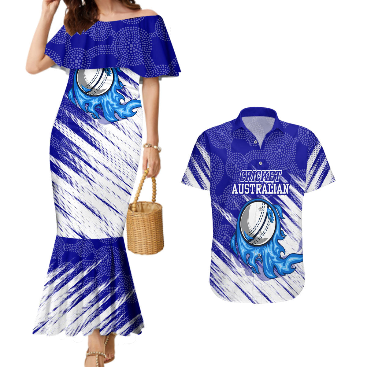 Cricket Australian Couples Matching Mermaid Dress and Hawaiian Shirt Blue Fire Ball Graphic With Aboriginal Dot Art Style