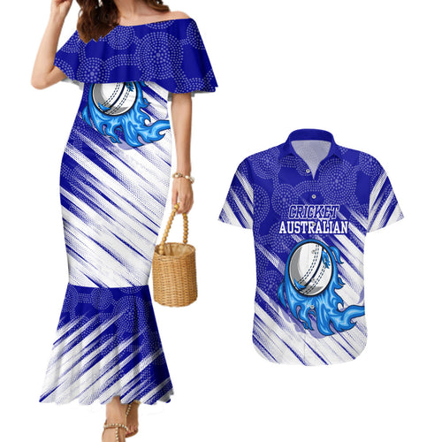Cricket Australian Couples Matching Mermaid Dress and Hawaiian Shirt Blue Fire Ball Graphic With Aboriginal Dot Art Style