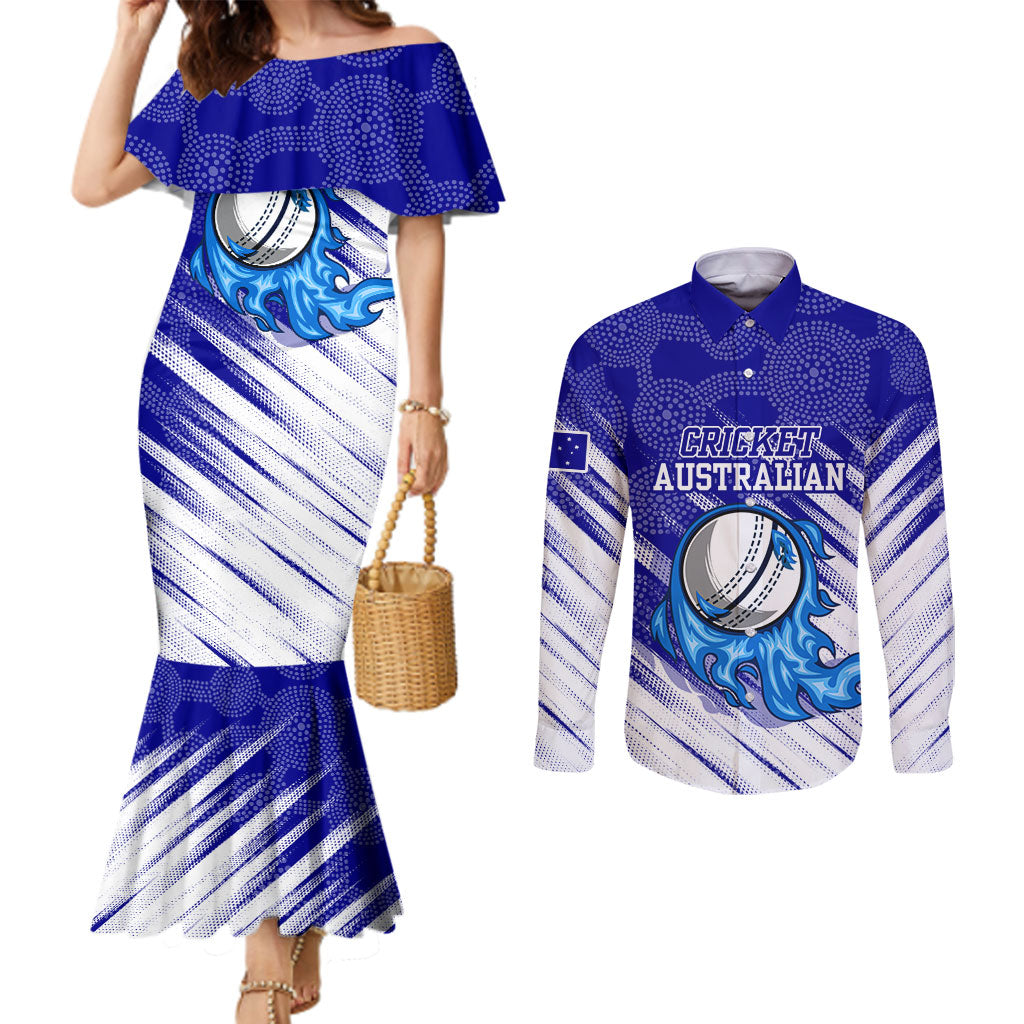 Cricket Australian Couples Matching Mermaid Dress and Long Sleeve Button Shirt Blue Fire Ball Graphic With Aboriginal Dot Art Style