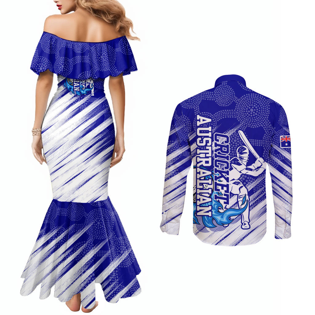 Cricket Australian Couples Matching Mermaid Dress and Long Sleeve Button Shirt Blue Fire Ball Graphic With Aboriginal Dot Art Style