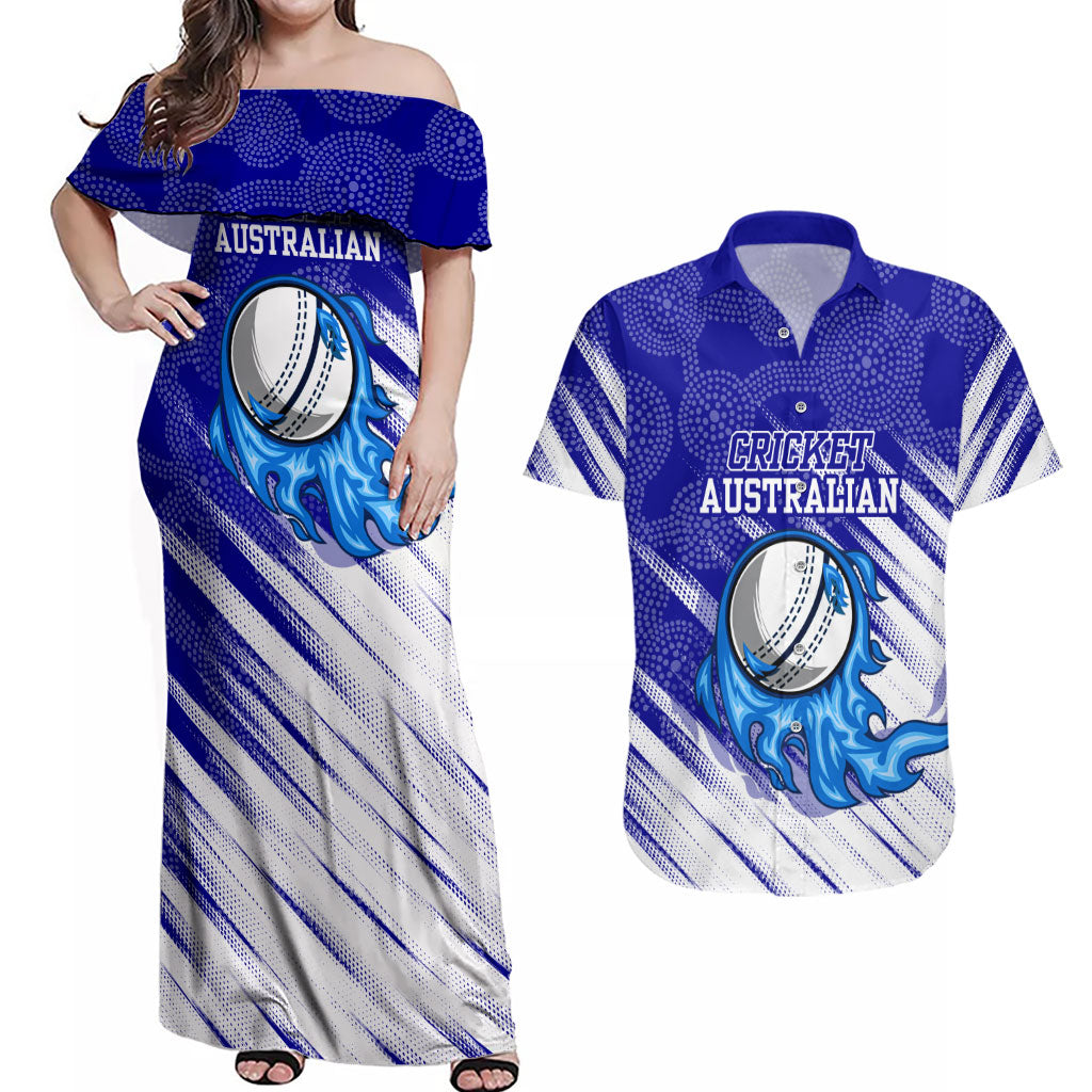 Cricket Australian Couples Matching Off Shoulder Maxi Dress and Hawaiian Shirt Blue Fire Ball Graphic With Aboriginal Dot Art Style