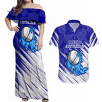 Cricket Australian Couples Matching Off Shoulder Maxi Dress and Hawaiian Shirt Blue Fire Ball Graphic With Aboriginal Dot Art Style