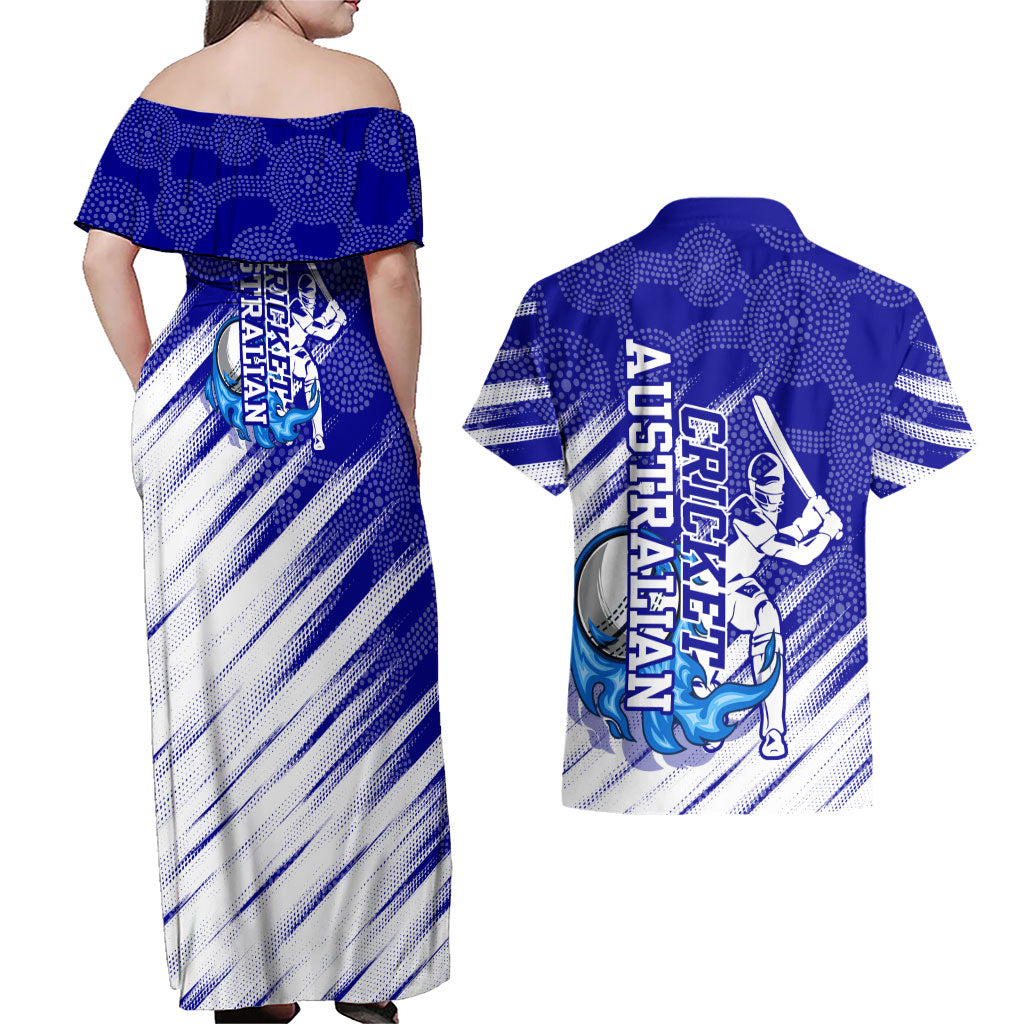 Cricket Australian Couples Matching Off Shoulder Maxi Dress and Hawaiian Shirt Blue Fire Ball Graphic With Aboriginal Dot Art Style