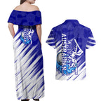Cricket Australian Couples Matching Off Shoulder Maxi Dress and Hawaiian Shirt Blue Fire Ball Graphic With Aboriginal Dot Art Style
