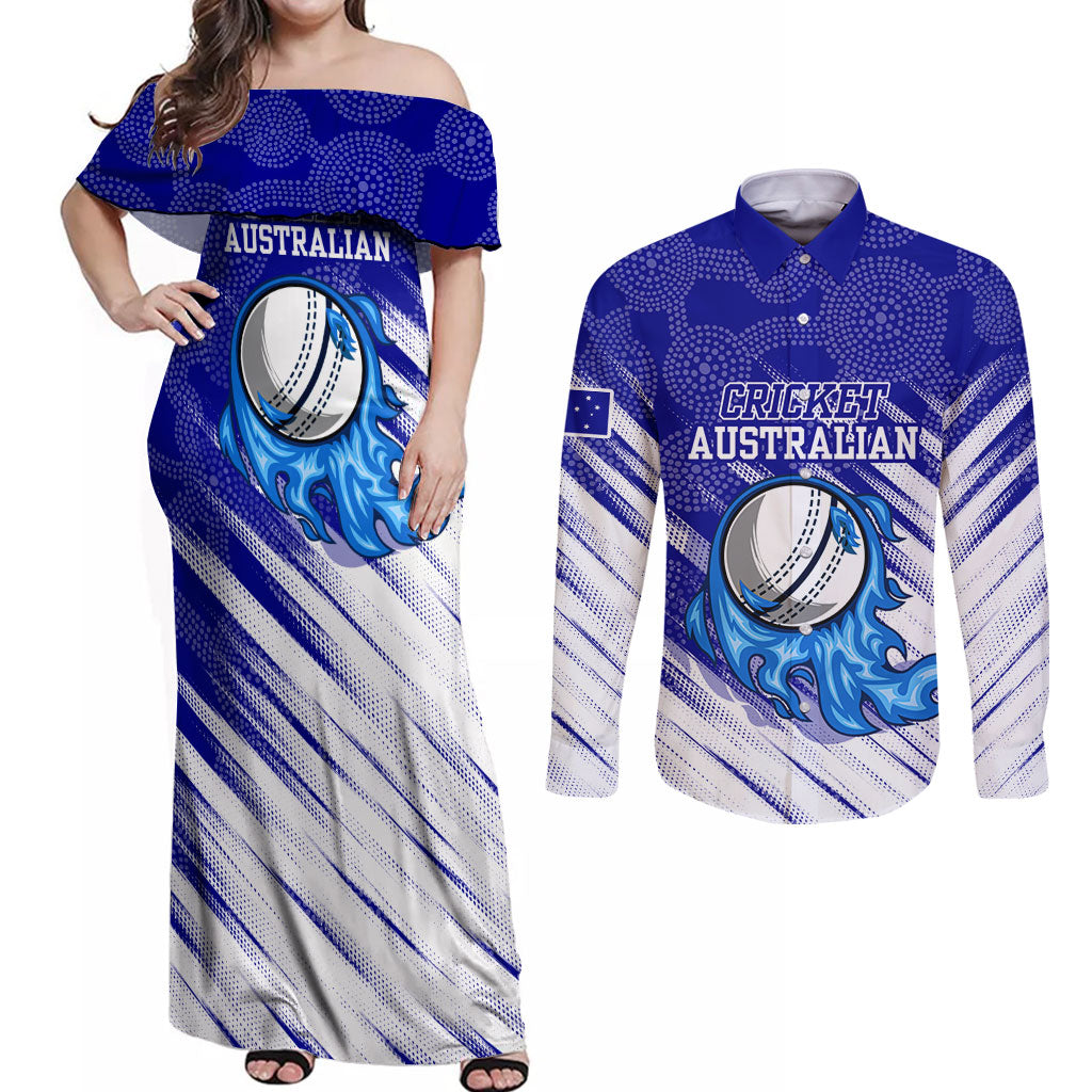 Cricket Australian Couples Matching Off Shoulder Maxi Dress and Long Sleeve Button Shirt Blue Fire Ball Graphic With Aboriginal Dot Art Style