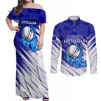 Cricket Australian Couples Matching Off Shoulder Maxi Dress and Long Sleeve Button Shirt Blue Fire Ball Graphic With Aboriginal Dot Art Style