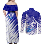 Cricket Australian Couples Matching Off Shoulder Maxi Dress and Long Sleeve Button Shirt Blue Fire Ball Graphic With Aboriginal Dot Art Style