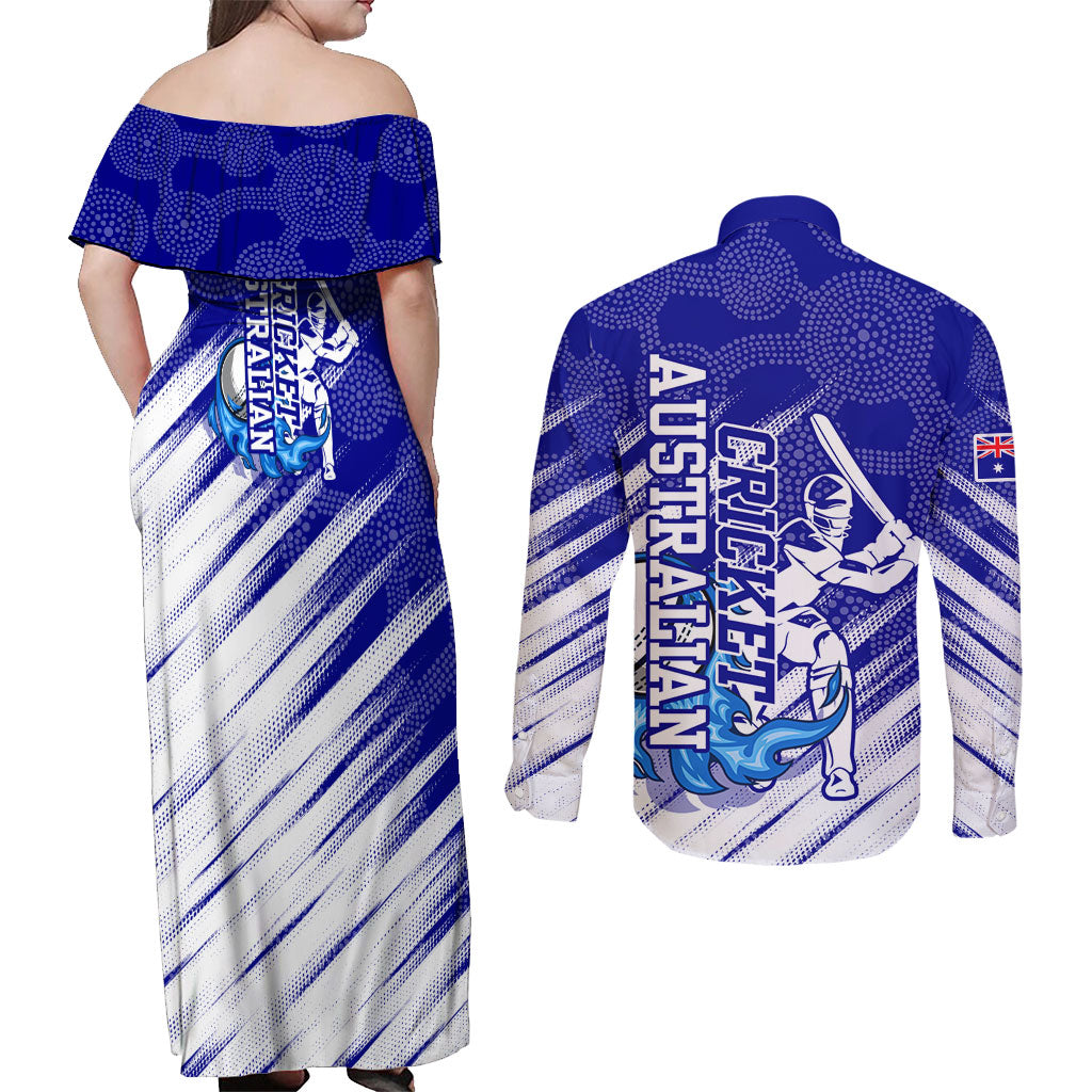 Cricket Australian Couples Matching Off Shoulder Maxi Dress and Long Sleeve Button Shirt Blue Fire Ball Graphic With Aboriginal Dot Art Style