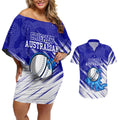 Cricket Australian Couples Matching Off Shoulder Short Dress and Hawaiian Shirt Blue Fire Ball Graphic With Aboriginal Dot Art Style