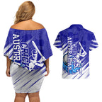 Cricket Australian Couples Matching Off Shoulder Short Dress and Hawaiian Shirt Blue Fire Ball Graphic With Aboriginal Dot Art Style