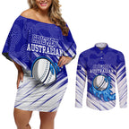 Cricket Australian Couples Matching Off Shoulder Short Dress and Long Sleeve Button Shirt Blue Fire Ball Graphic With Aboriginal Dot Art Style