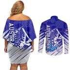 Cricket Australian Couples Matching Off Shoulder Short Dress and Long Sleeve Button Shirt Blue Fire Ball Graphic With Aboriginal Dot Art Style