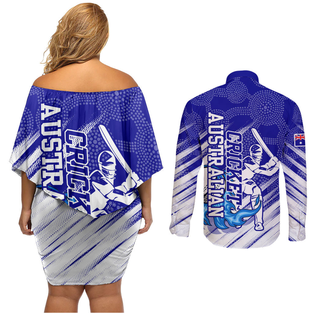 Cricket Australian Couples Matching Off Shoulder Short Dress and Long Sleeve Button Shirt Blue Fire Ball Graphic With Aboriginal Dot Art Style