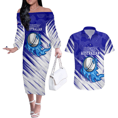 Cricket Australian Couples Matching Off The Shoulder Long Sleeve Dress and Hawaiian Shirt Blue Fire Ball Graphic With Aboriginal Dot Art Style