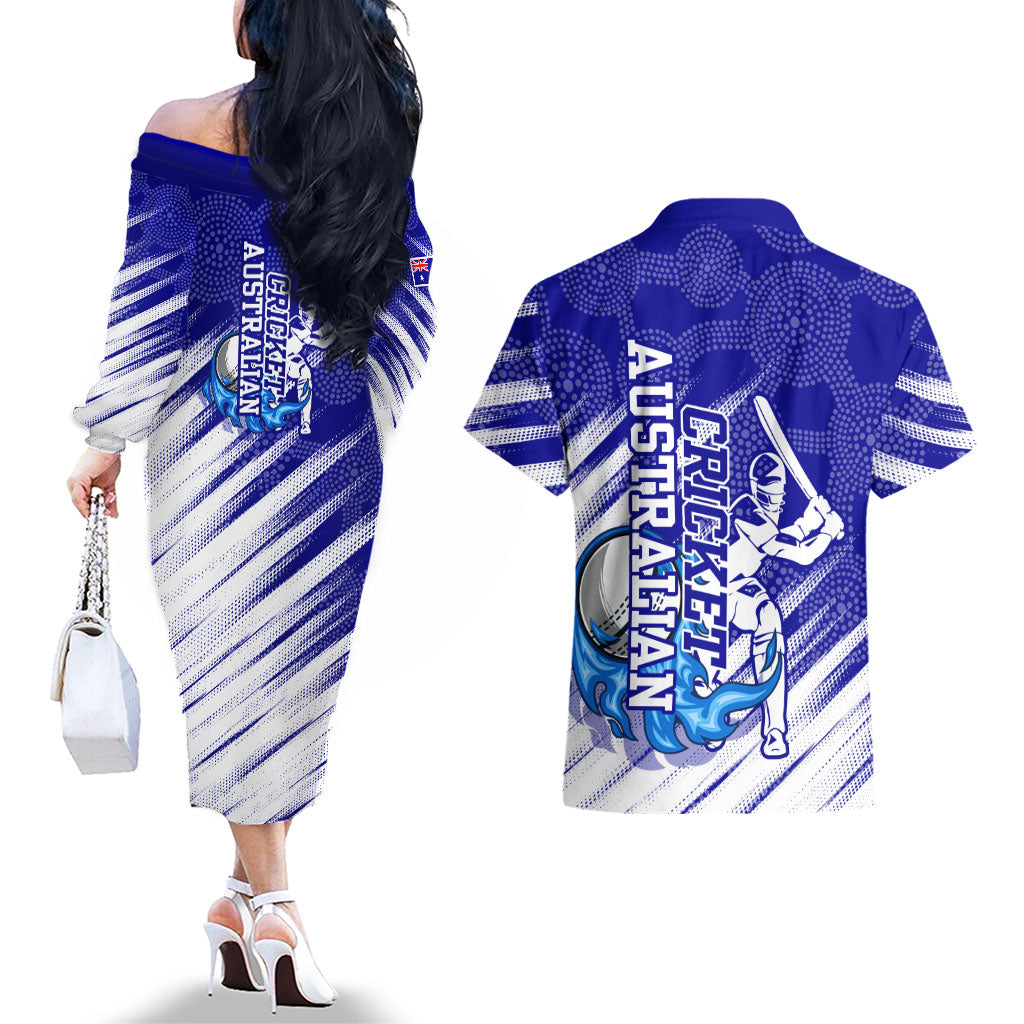 Cricket Australian Couples Matching Off The Shoulder Long Sleeve Dress and Hawaiian Shirt Blue Fire Ball Graphic With Aboriginal Dot Art Style