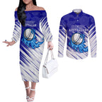 Cricket Australian Couples Matching Off The Shoulder Long Sleeve Dress and Long Sleeve Button Shirt Blue Fire Ball Graphic With Aboriginal Dot Art Style