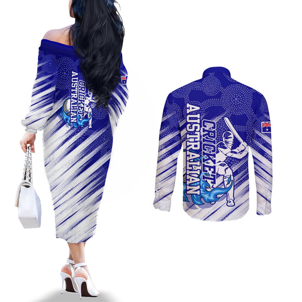 Cricket Australian Couples Matching Off The Shoulder Long Sleeve Dress and Long Sleeve Button Shirt Blue Fire Ball Graphic With Aboriginal Dot Art Style