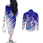Cricket Australian Couples Matching Off The Shoulder Long Sleeve Dress and Long Sleeve Button Shirt Blue Fire Ball Graphic With Aboriginal Dot Art Style