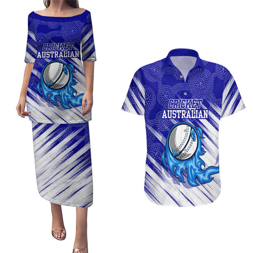 Cricket Australian Couples Matching Puletasi and Hawaiian Shirt Blue Fire Ball Graphic With Aboriginal Dot Art Style