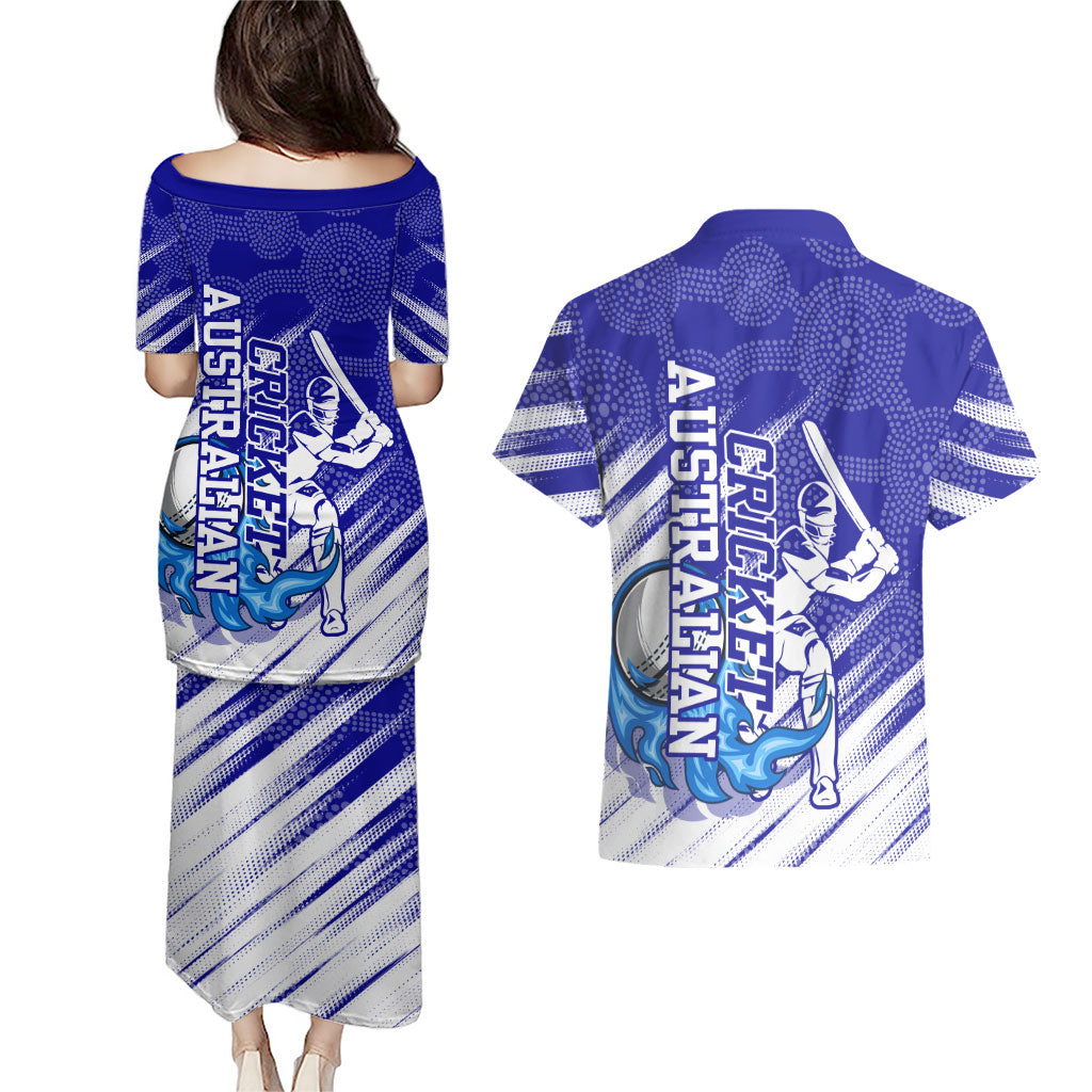 Cricket Australian Couples Matching Puletasi and Hawaiian Shirt Blue Fire Ball Graphic With Aboriginal Dot Art Style