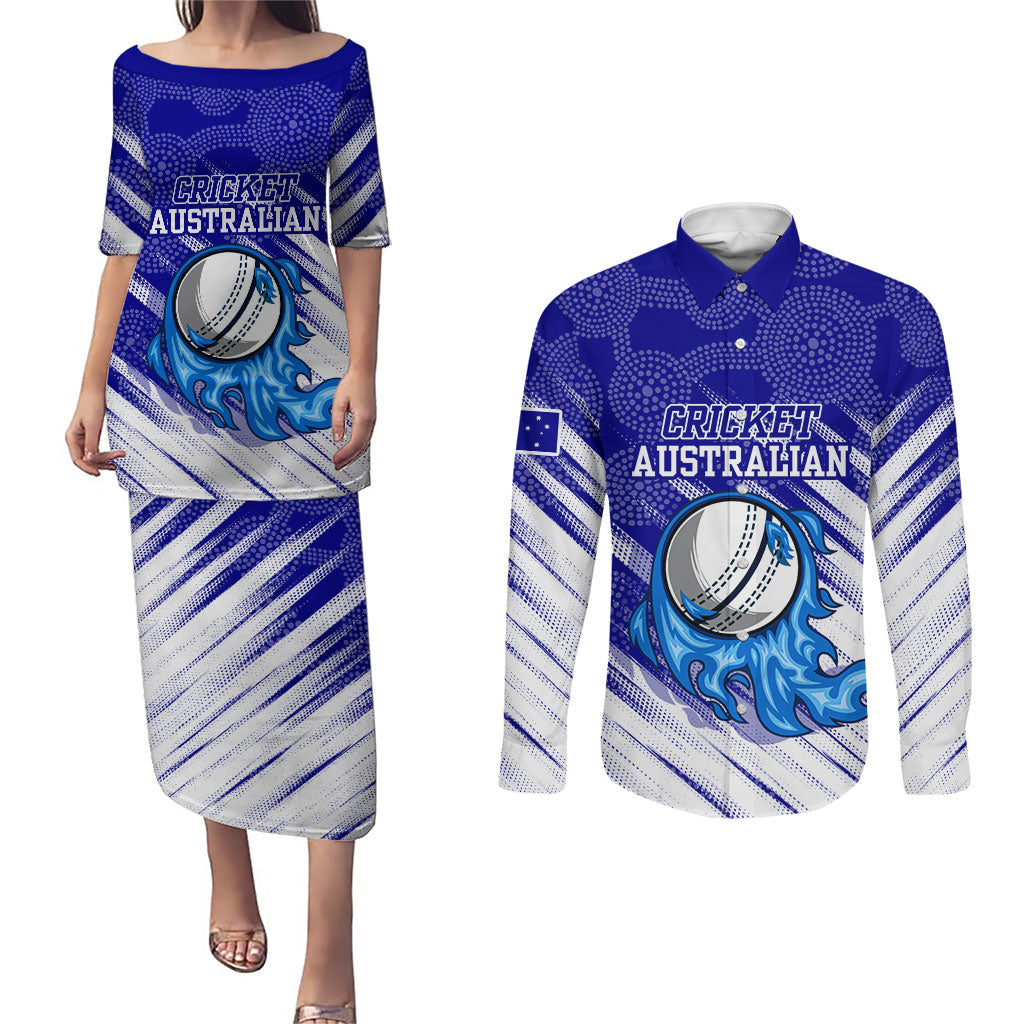 Cricket Australian Couples Matching Puletasi and Long Sleeve Button Shirt Blue Fire Ball Graphic With Aboriginal Dot Art Style