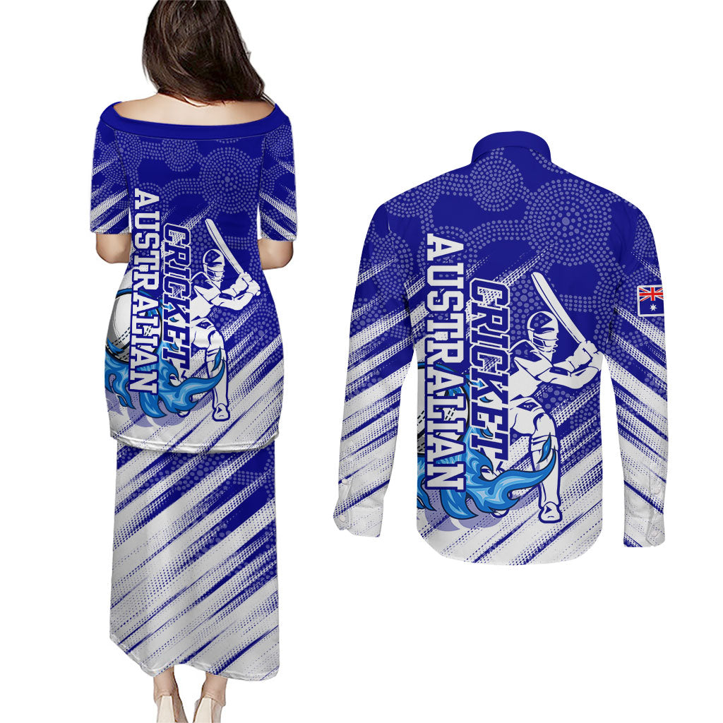 Cricket Australian Couples Matching Puletasi and Long Sleeve Button Shirt Blue Fire Ball Graphic With Aboriginal Dot Art Style