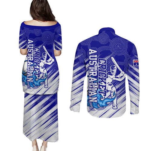 Cricket Australian Couples Matching Puletasi and Long Sleeve Button Shirt Blue Fire Ball Graphic With Aboriginal Dot Art Style