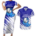 Cricket Australian Couples Matching Short Sleeve Bodycon Dress and Hawaiian Shirt Blue Fire Ball Graphic With Aboriginal Dot Art Style