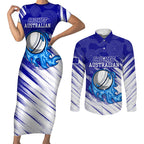 Cricket Australian Couples Matching Short Sleeve Bodycon Dress and Long Sleeve Button Shirt Blue Fire Ball Graphic With Aboriginal Dot Art Style