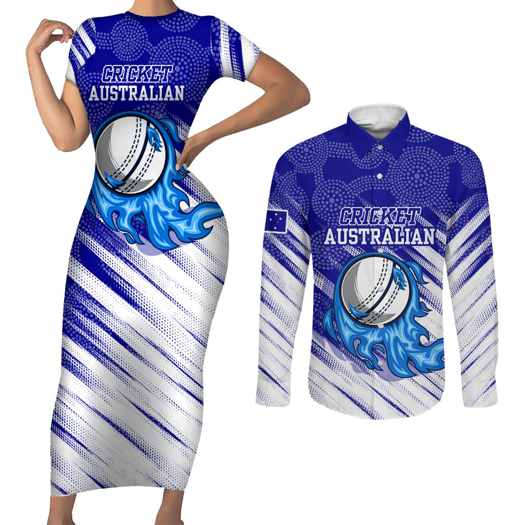 Cricket Australian Couples Matching Short Sleeve Bodycon Dress and Long Sleeve Button Shirt Blue Fire Ball Graphic With Aboriginal Dot Art Style