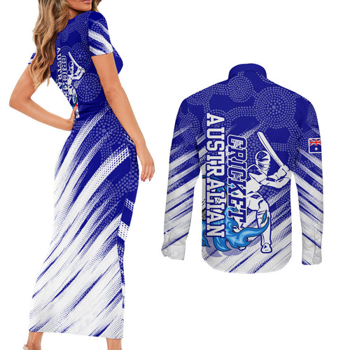 Cricket Australian Couples Matching Short Sleeve Bodycon Dress and Long Sleeve Button Shirt Blue Fire Ball Graphic With Aboriginal Dot Art Style