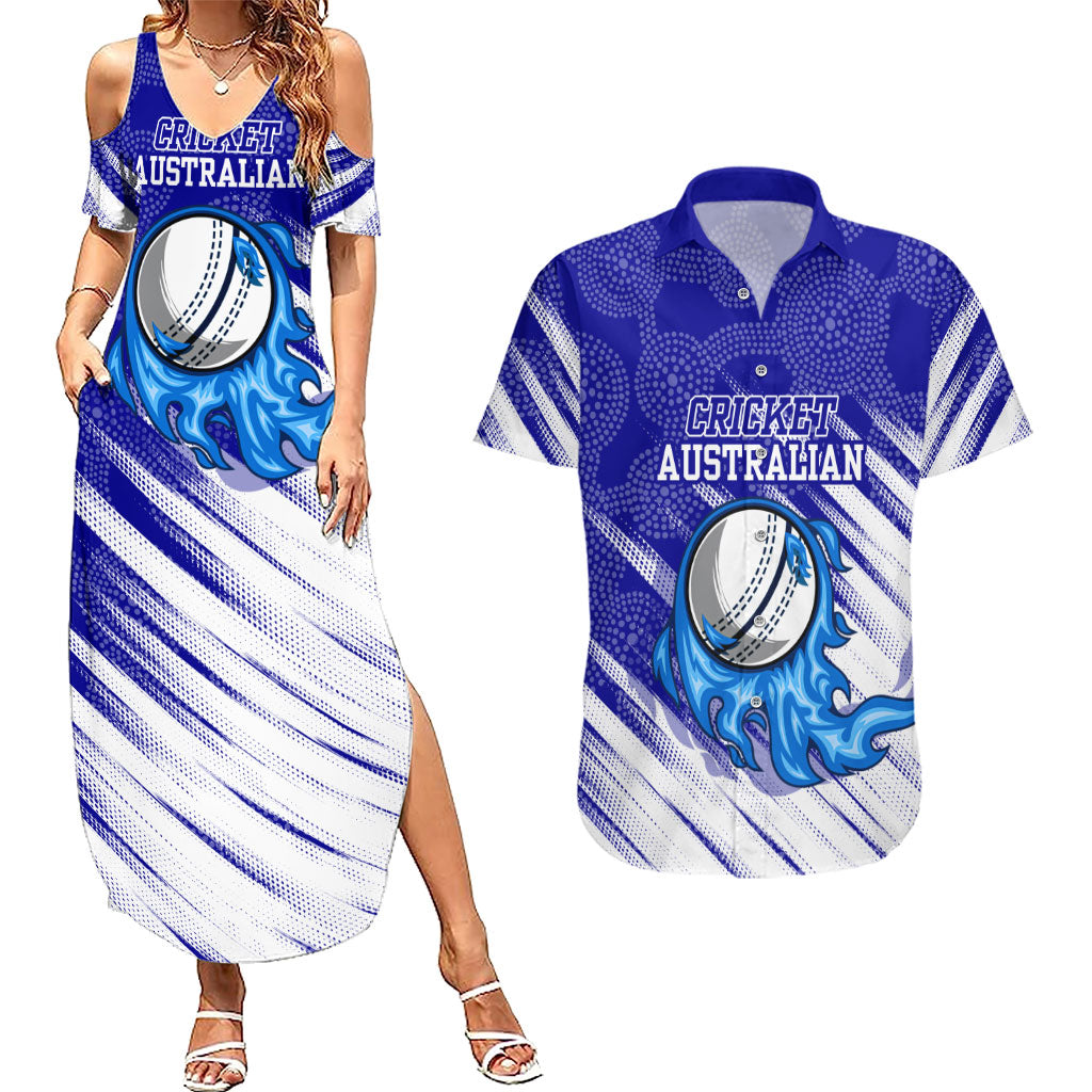 Cricket Australian Couples Matching Summer Maxi Dress and Hawaiian Shirt Blue Fire Ball Graphic With Aboriginal Dot Art Style