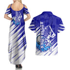 Cricket Australian Couples Matching Summer Maxi Dress and Hawaiian Shirt Blue Fire Ball Graphic With Aboriginal Dot Art Style