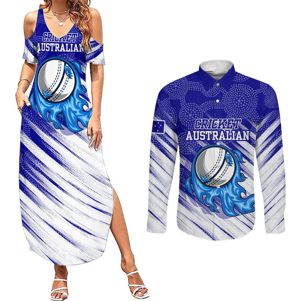 Cricket Australian Couples Matching Summer Maxi Dress and Long Sleeve Button Shirt Blue Fire Ball Graphic With Aboriginal Dot Art Style
