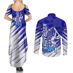 Cricket Australian Couples Matching Summer Maxi Dress and Long Sleeve Button Shirt Blue Fire Ball Graphic With Aboriginal Dot Art Style