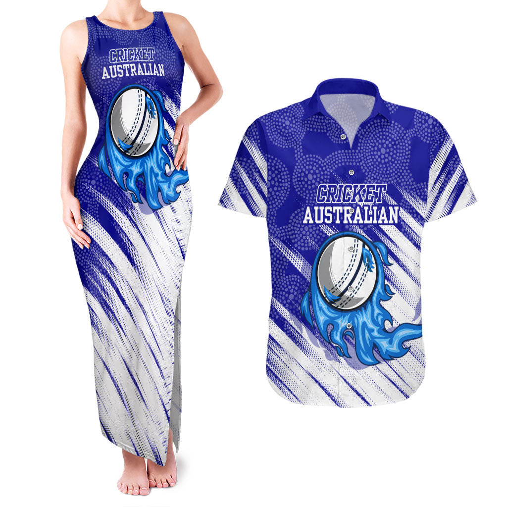 Cricket Australian Couples Matching Tank Maxi Dress and Hawaiian Shirt Blue Fire Ball Graphic With Aboriginal Dot Art Style