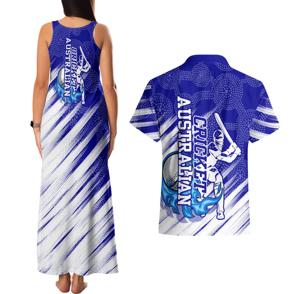 Cricket Australian Couples Matching Tank Maxi Dress and Hawaiian Shirt Blue Fire Ball Graphic With Aboriginal Dot Art Style