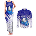 Cricket Australian Couples Matching Tank Maxi Dress and Long Sleeve Button Shirt Blue Fire Ball Graphic With Aboriginal Dot Art Style