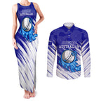 Cricket Australian Couples Matching Tank Maxi Dress and Long Sleeve Button Shirt Blue Fire Ball Graphic With Aboriginal Dot Art Style
