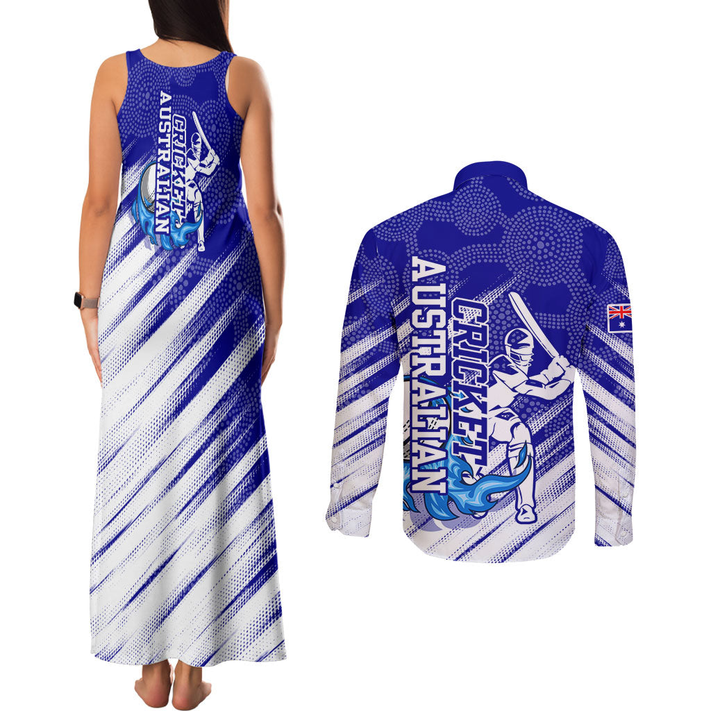 Cricket Australian Couples Matching Tank Maxi Dress and Long Sleeve Button Shirt Blue Fire Ball Graphic With Aboriginal Dot Art Style