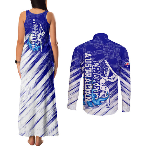 Cricket Australian Couples Matching Tank Maxi Dress and Long Sleeve Button Shirt Blue Fire Ball Graphic With Aboriginal Dot Art Style