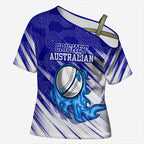 Cricket Australian Cross Shoulder Shirt Blue Fire Ball Graphic With Aboriginal Dot Art Style