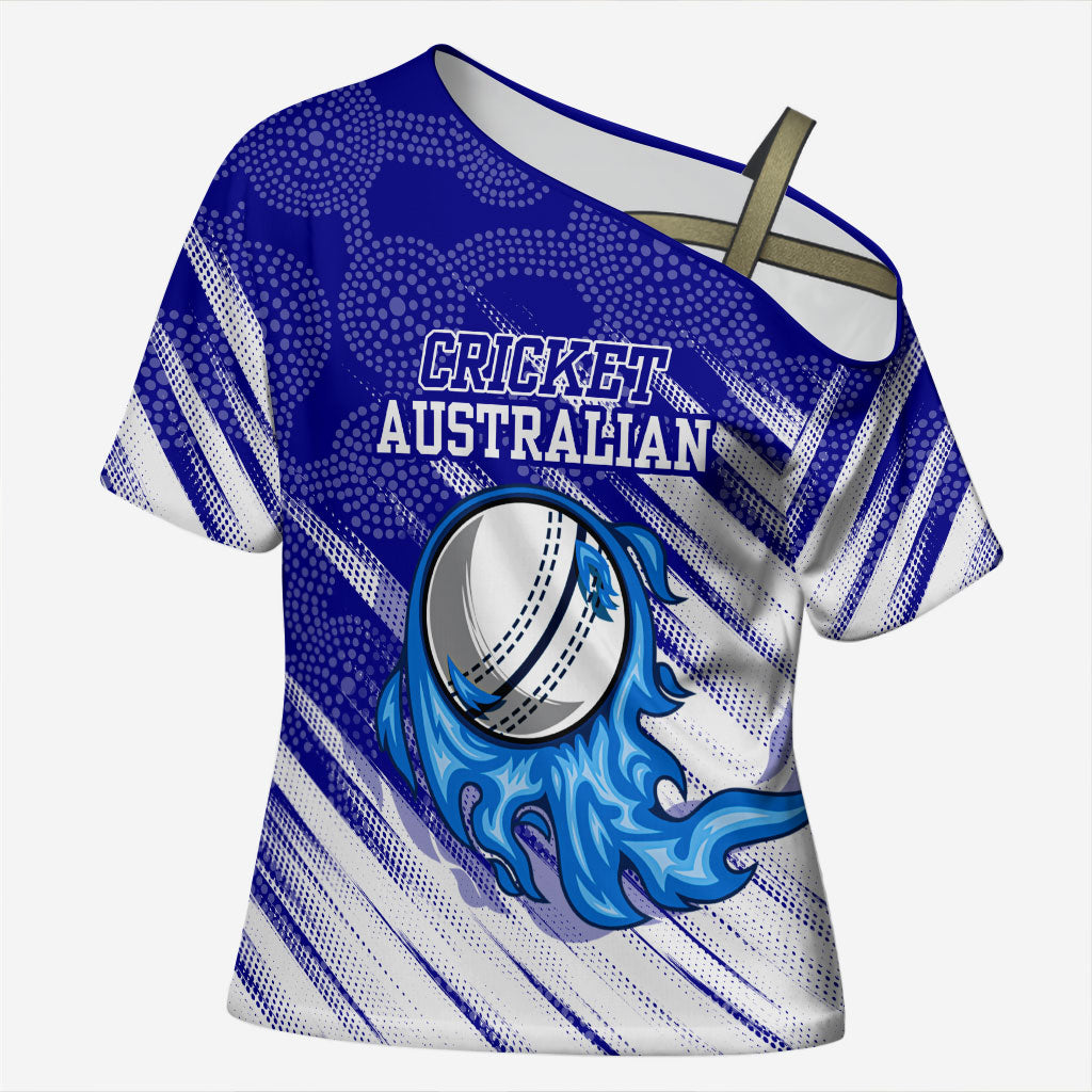 Cricket Australian Cross Shoulder Shirt Blue Fire Ball Graphic With Aboriginal Dot Art Style
