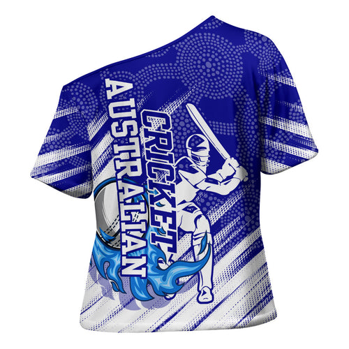 Cricket Australian Cross Shoulder Shirt Blue Fire Ball Graphic With Aboriginal Dot Art Style